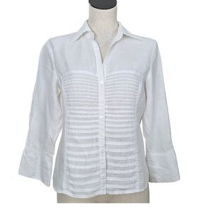 Tracy M White Linen Blouse Size M Pintuck Flattering Fit Minimalist Y2K
